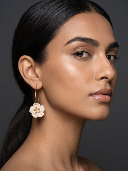 Ivory Bloom Crochet Hoops — Handmade Flower & Gold Bead Earrings