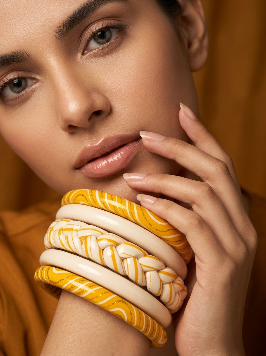 Golden Swirl Lac Bangle Set — Hand-Braided Lac Stack