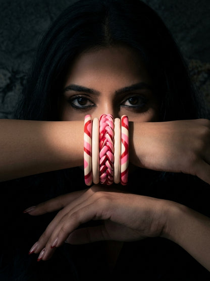 Crimson Veil Lac Bangle Set — Hand-Braided Lac Stack