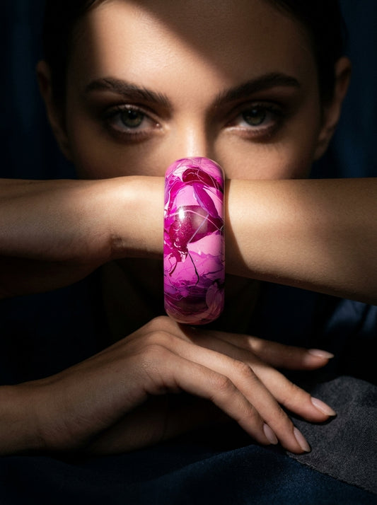 Orchid Bloom Wide Lac Bangle — Hand-Marbled Statement Cuff