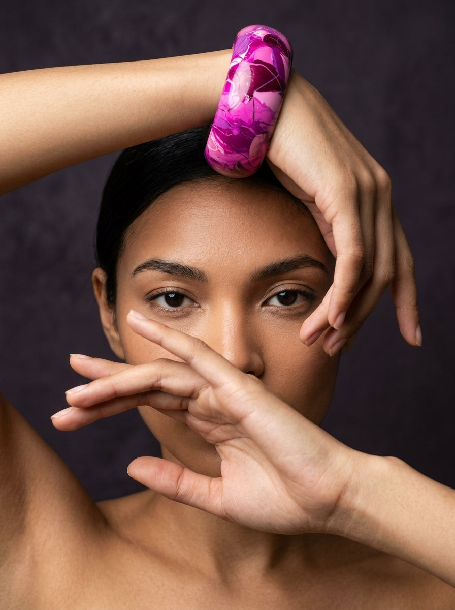 Orchid Bloom Wide Lac Bangle — Hand-Marbled Statement Cuff
