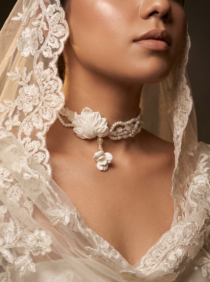 Handcrafted Ivory Clay Floral Choker | Luxury Bridal Necklace