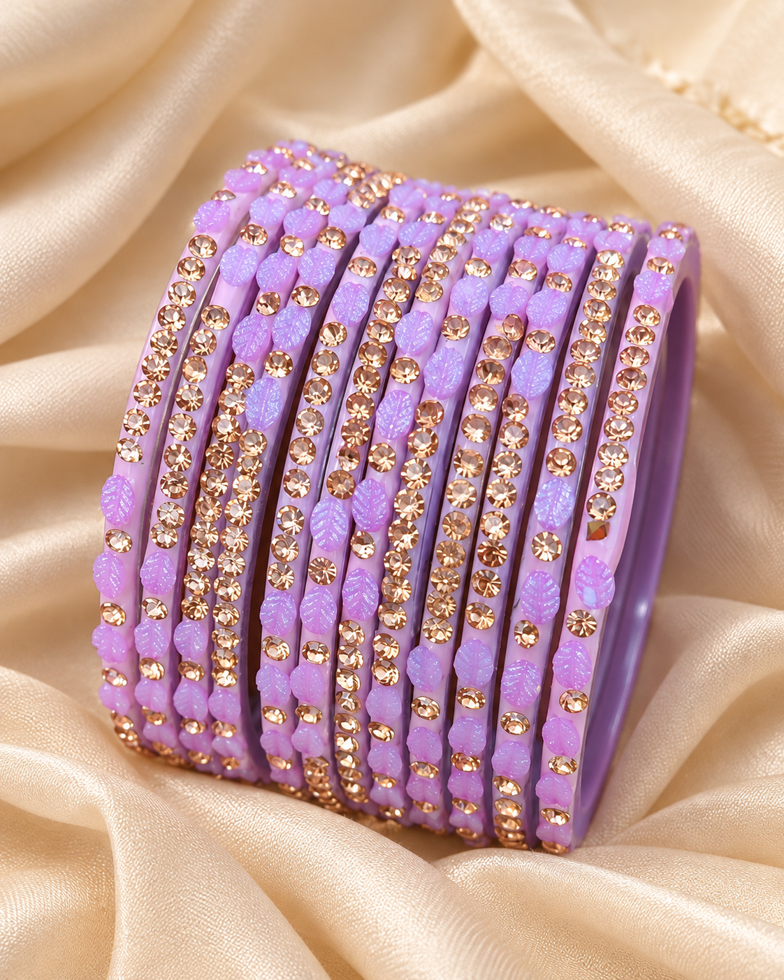 🍀Lavender Dream Leaf Glass Bangle Set | Pastel Purple Stone-Studded