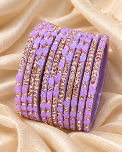 🍀Lavender Dream Leaf Glass Bangle Set | Pastel Purple Stone-Studded