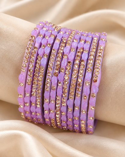 🍀Lavender Dream Leaf Glass Bangle Set | Pastel Purple Stone-Studded