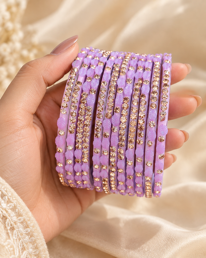 🍀Lavender Dream Leaf Glass Bangle Set | Pastel Purple Stone-Studded