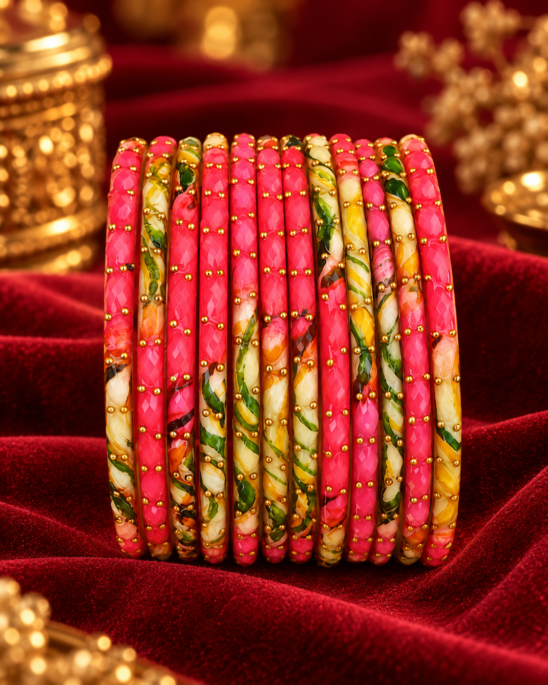 🌸 Pink Floral Glass Bangles – Multicolor Gold Beaded Set