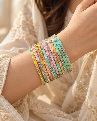🍀Bloom Pastel Leaf Glass Bangle Set | Mint, Pink & Gold Stone-Studded