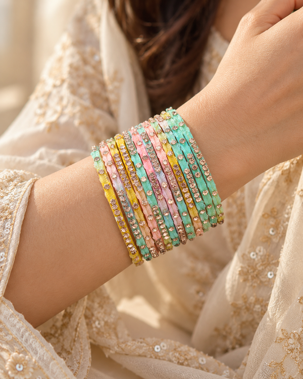 🍀Bloom Pastel Leaf Glass Bangle Set | Mint, Pink & Gold Stone-Studded