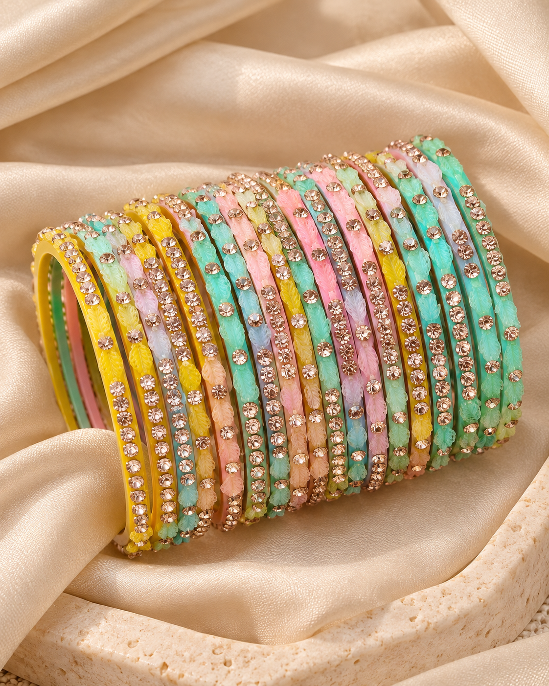 🍀Bloom Pastel Leaf Glass Bangle Set | Mint, Pink & Gold Stone-Studded