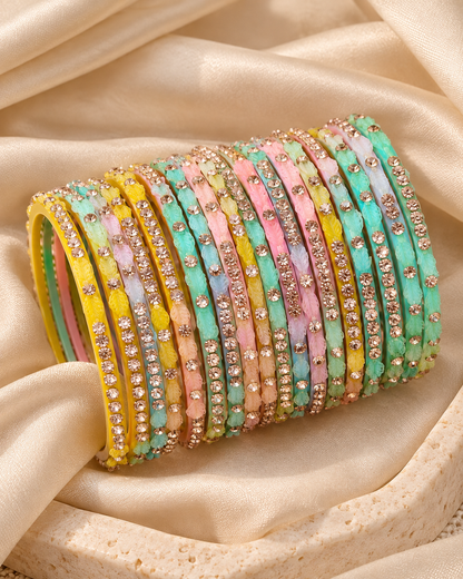 🍀Bloom Pastel Leaf Glass Bangle Set | Mint, Pink & Gold Stone-Studded