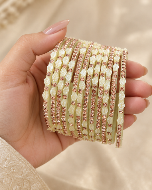 🍀Pearl Leaf Glass Bangle Set | Cream &-Gold Stone-Studded