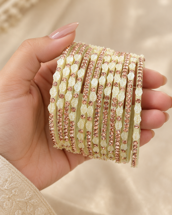 🍀Pearl Leaf Glass Bangle Set | Cream &-Gold Stone-Studded