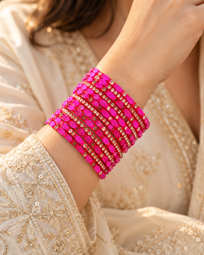 🍀Majesty Leaf Glass Bangle Set | Hot Pink & Red Stone-Studded