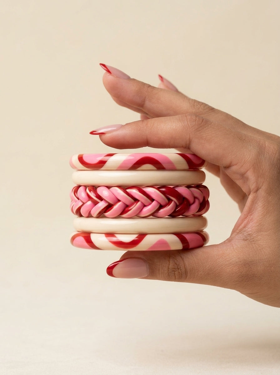 Crimson Veil Lac Bangle Set — Hand-Braided Lac Stack