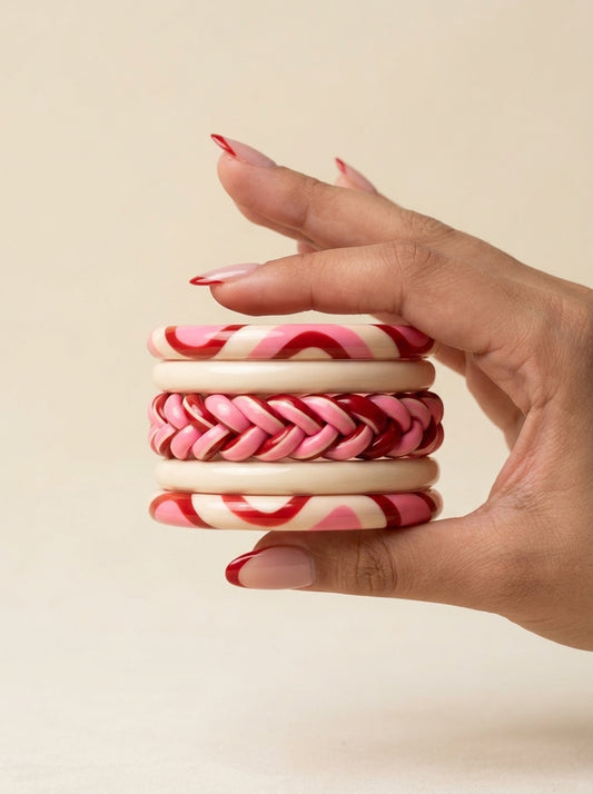 Crimson Veil Lac Bangle Set — Hand-Braided Lac Stack