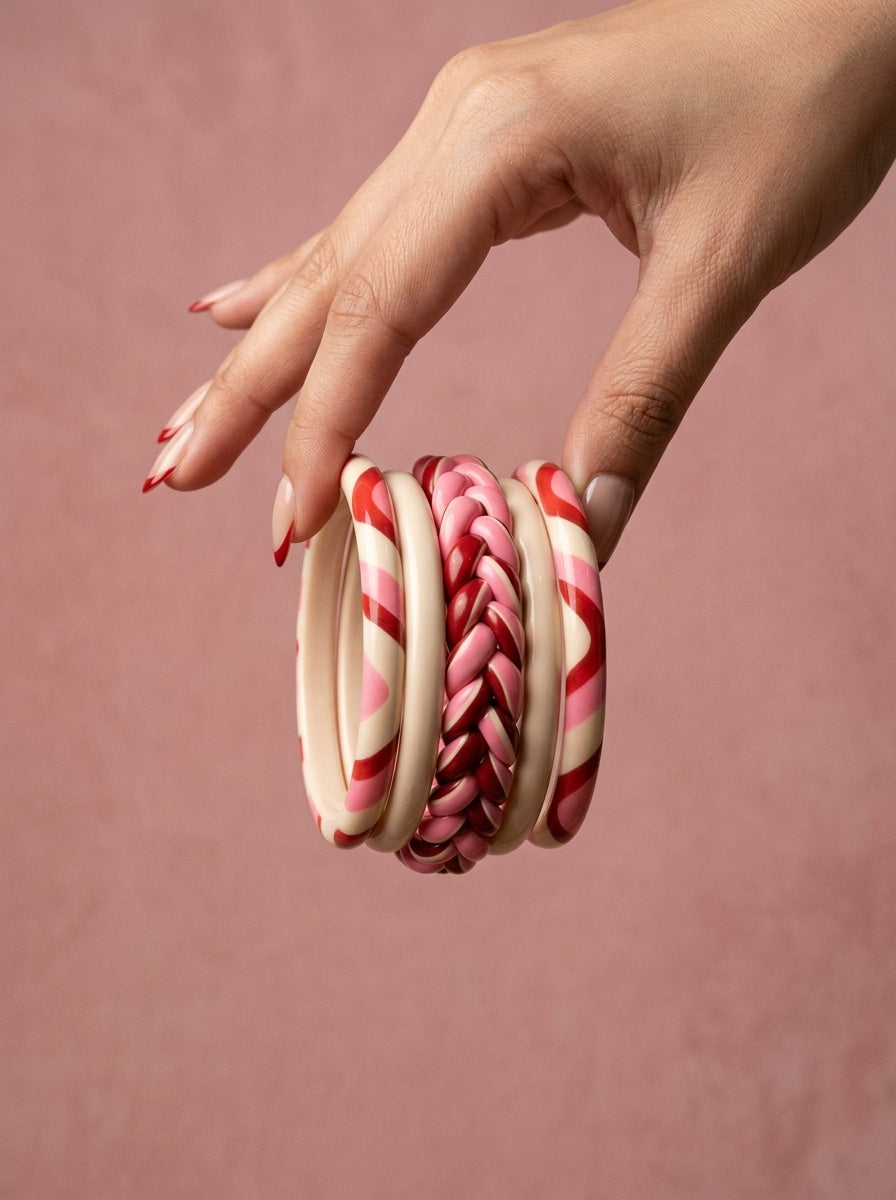 Crimson Veil Lac Bangle Set — Hand-Braided Lac Stack