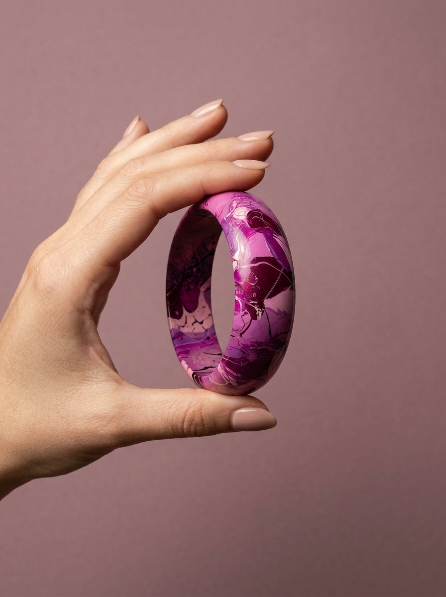 Orchid Bloom Wide Lac Bangle — Hand-Marbled Statement Cuff