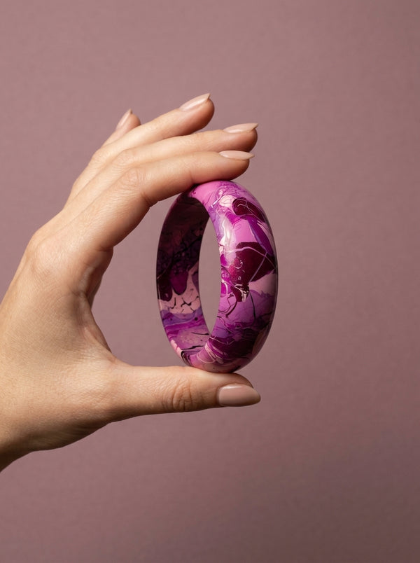 Orchid Bloom Wide Lac Bangle — Hand-Marbled Statement Cuff