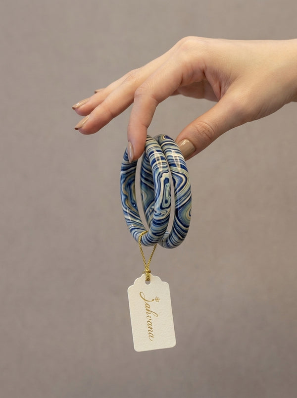 Indigo Marble Lac Bangle Set — Hand-Marbled Lac Pair