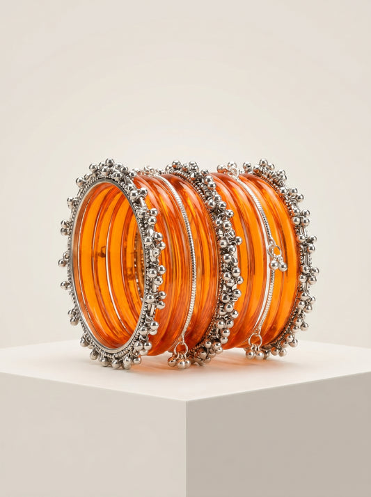 ORANGE JELLY BANGLES STACK — Silver Ghungroo Edition