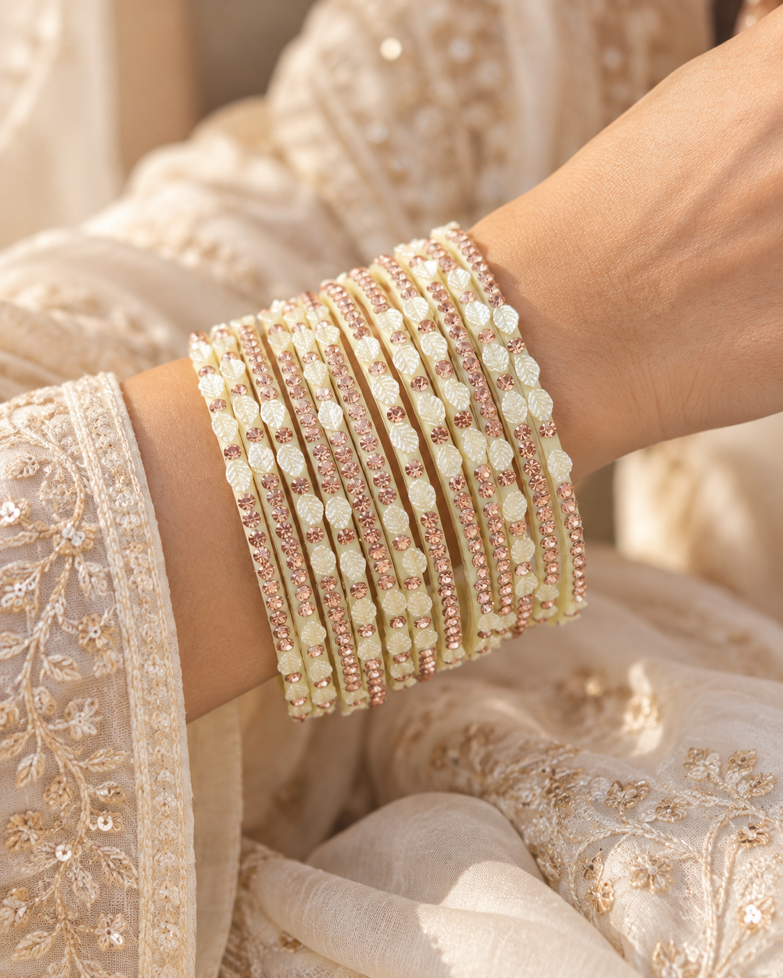 🍀Pearl Leaf Glass Bangle Set | Cream &-Gold Stone-Studded