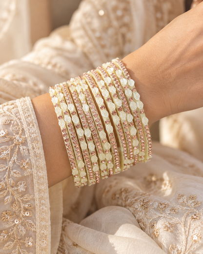 🍀Pearl Leaf Glass Bangle Set | Cream &-Gold Stone-Studded