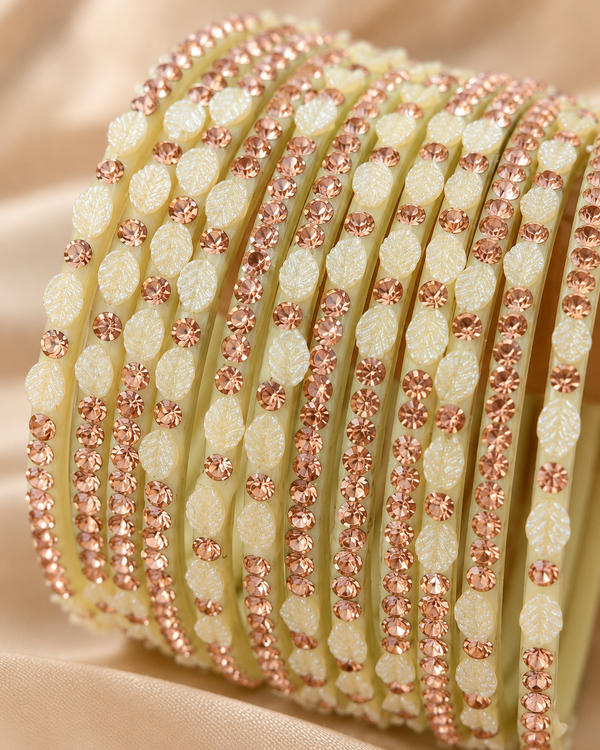 🍀Pearl Leaf Glass Bangle Set | Cream &-Gold Stone-Studded