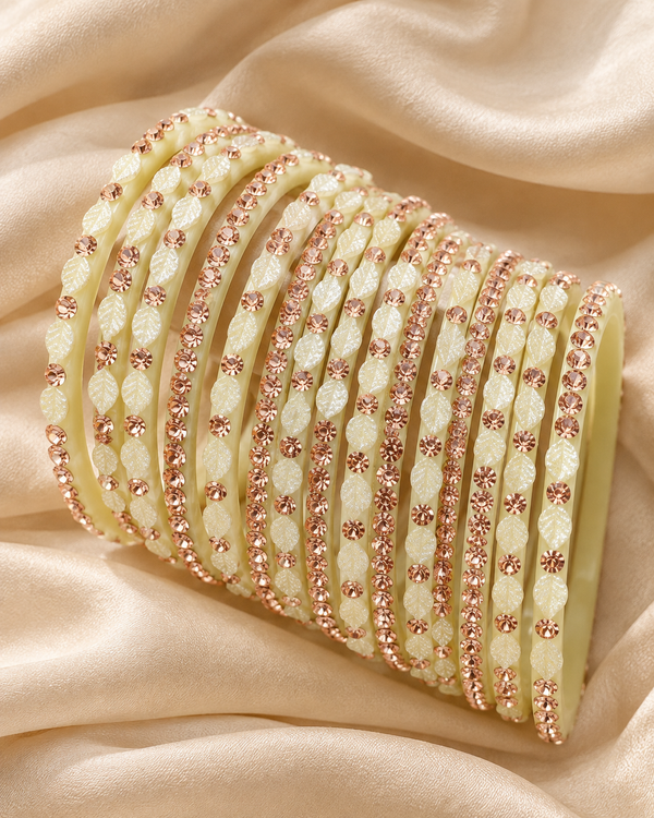 🍀Pearl Leaf Glass Bangle Set | Cream &-Gold Stone-Studded