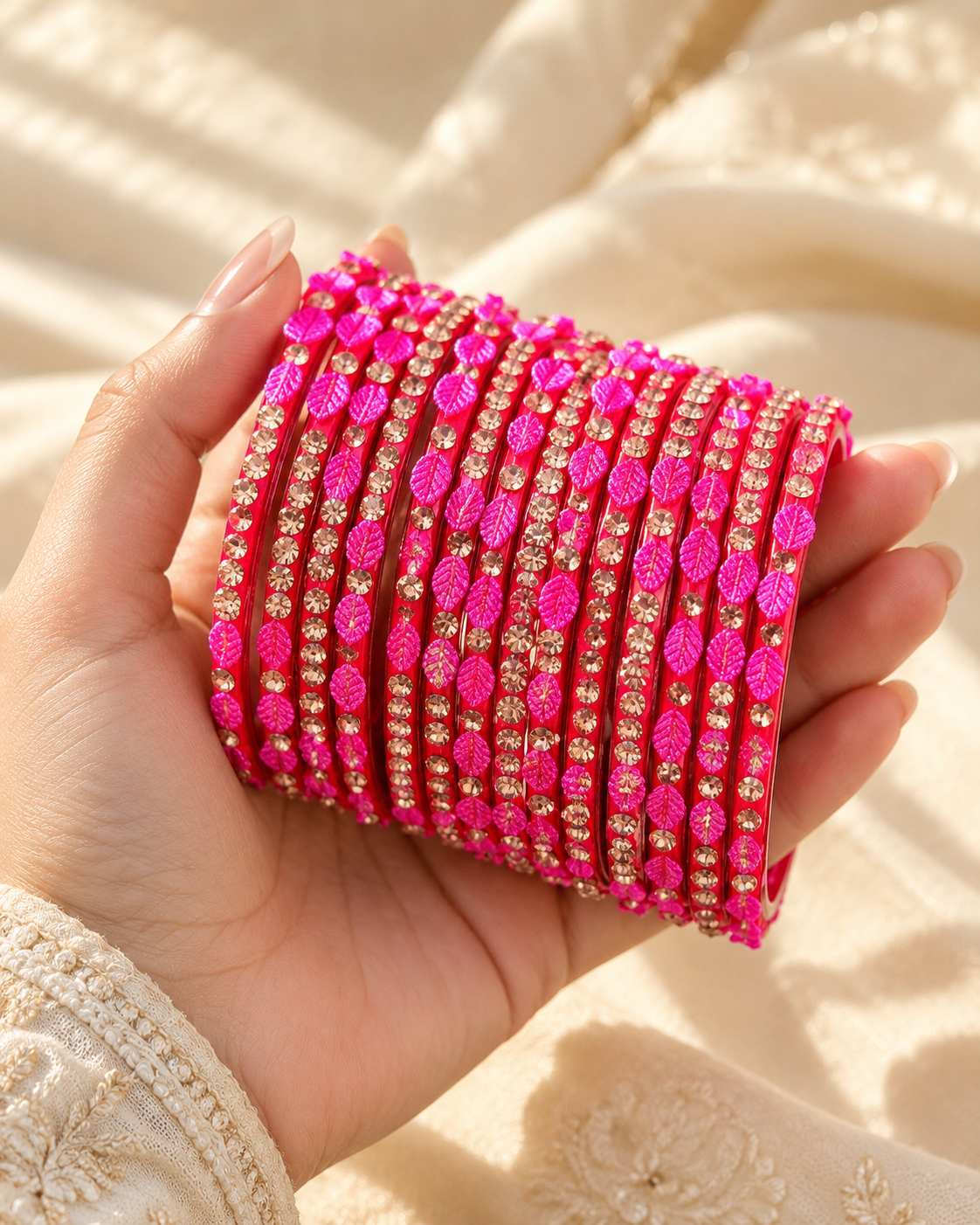 🍀Majesty Leaf Glass Bangle Set | Hot Pink & Red Stone-Studded