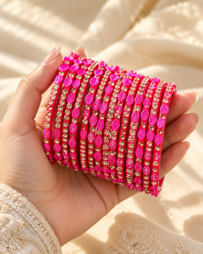 🍀Majesty Leaf Glass Bangle Set | Hot Pink & Red Stone-Studded
