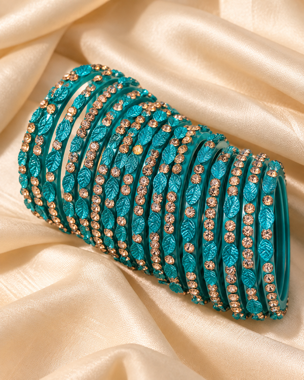 🍀Turquoise Bloom Leaf Glass Bangle Set | Stone-Studded Teal