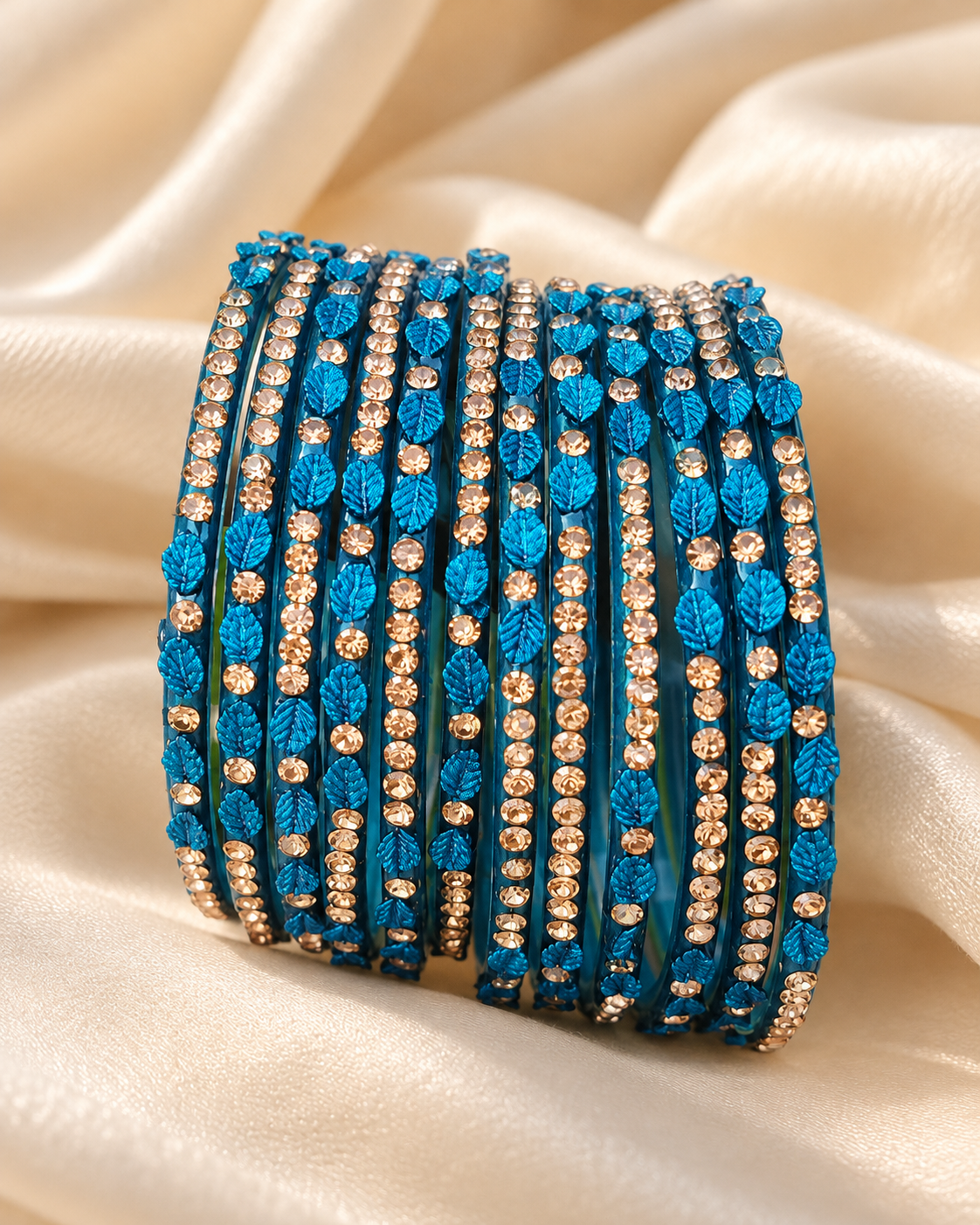🍀Royale Blue Leaf Glass Bangle Set | Royal Blue Stone-Studded
