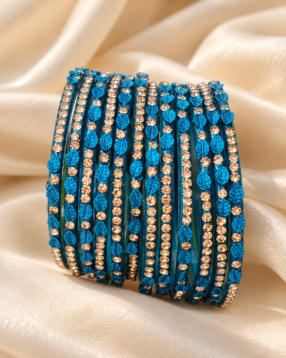 🍀Royale Blue Leaf Glass Bangle Set | Royal Blue Stone-Studded