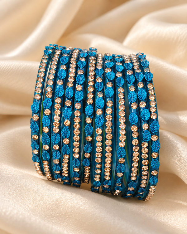 🍀Royale Blue Leaf Glass Bangle Set | Royal Blue Stone-Studded