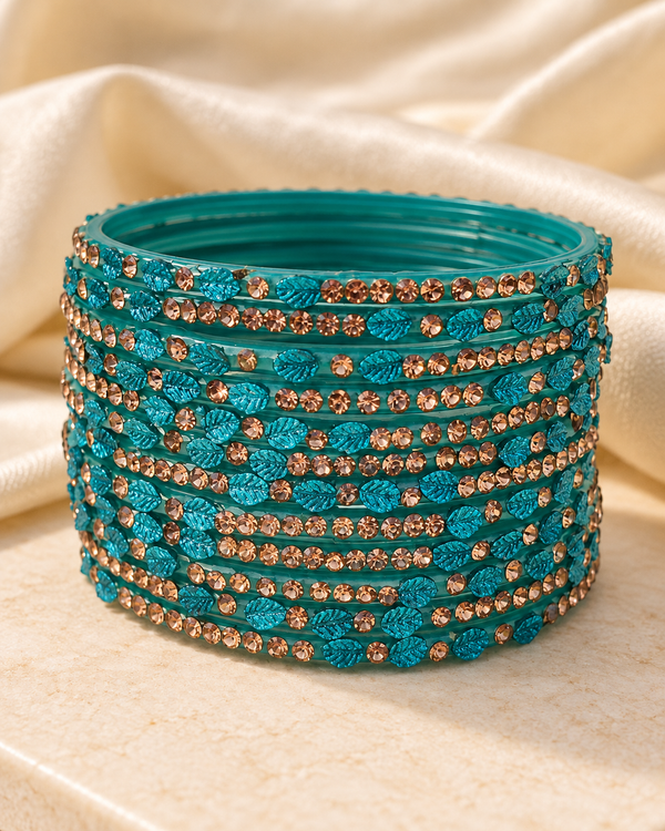 🍀Turquoise Bloom Leaf Glass Bangle Set | Stone-Studded Teal