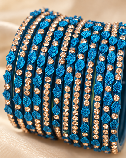 🍀Royale Blue Leaf Glass Bangle Set | Royal Blue Stone-Studded