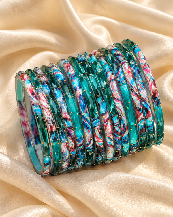 🌸Emerald Teal Glass Bangle Set | Faceted Printed