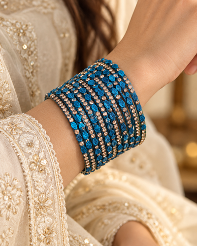 🍀Royale Blue Leaf Glass Bangle Set | Royal Blue Stone-Studded