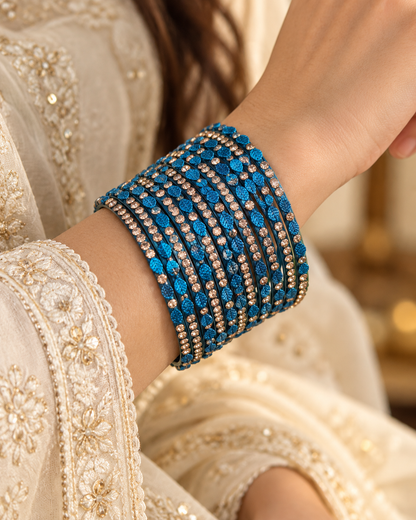 🍀Royale Blue Leaf Glass Bangle Set | Royal Blue Stone-Studded