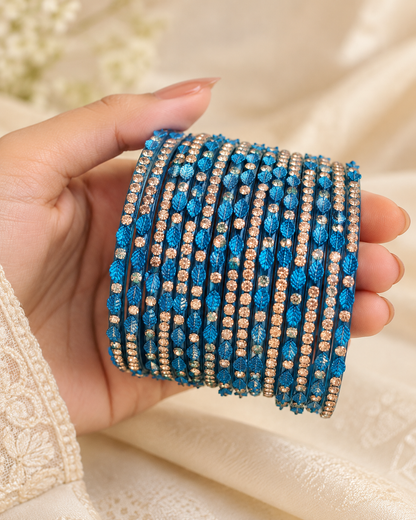 🍀Royale Blue Leaf Glass Bangle Set | Royal Blue Stone-Studded