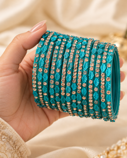 🍀Turquoise Bloom Leaf Glass Bangle Set | Stone-Studded Teal