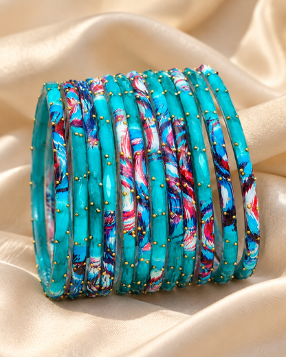 🌸Aqua Blue Glass Bangle Set | Turquoise Faceted