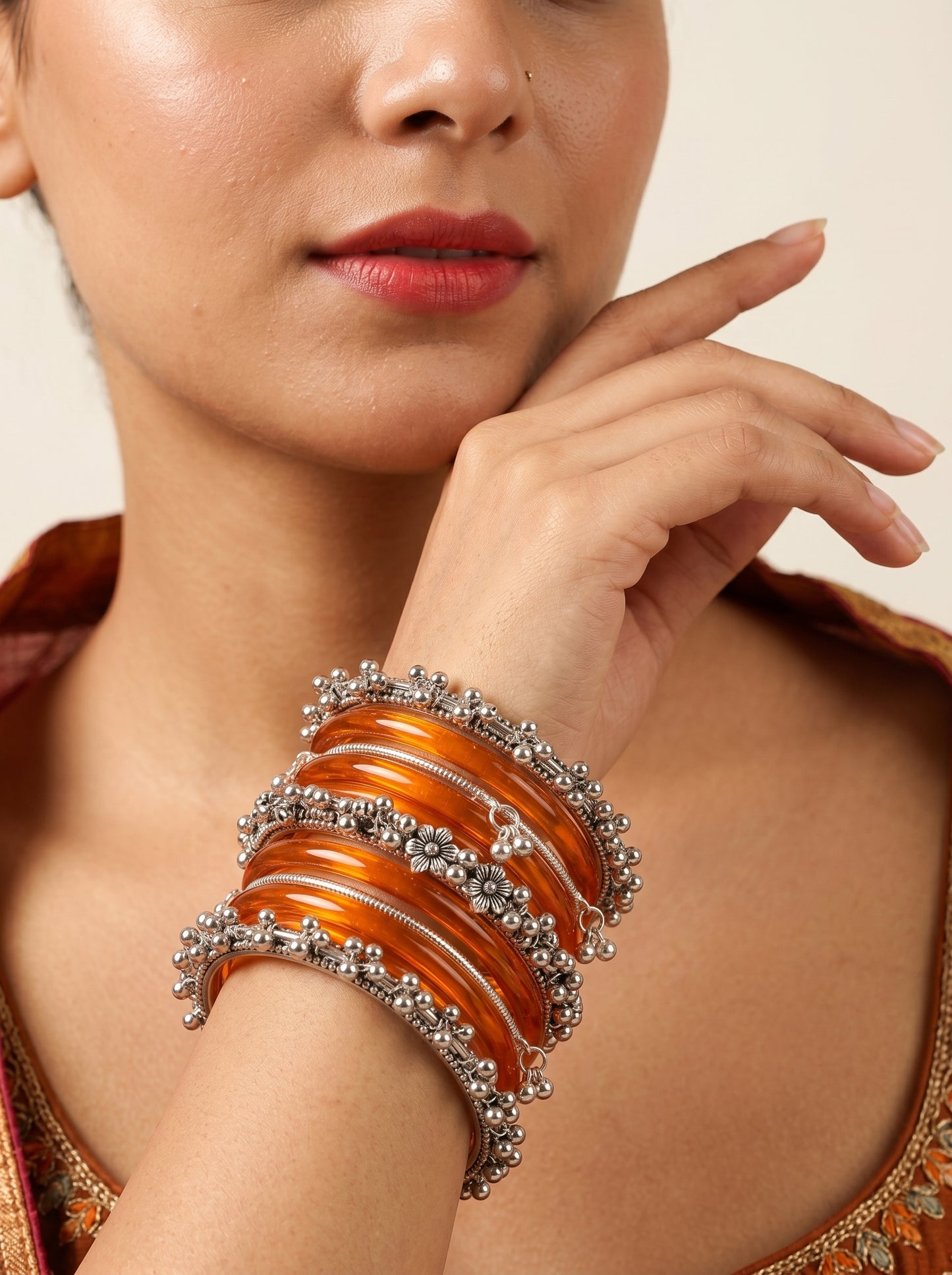 ORANGE JELLY BANGLES STACK — Silver Ghungroo Edition