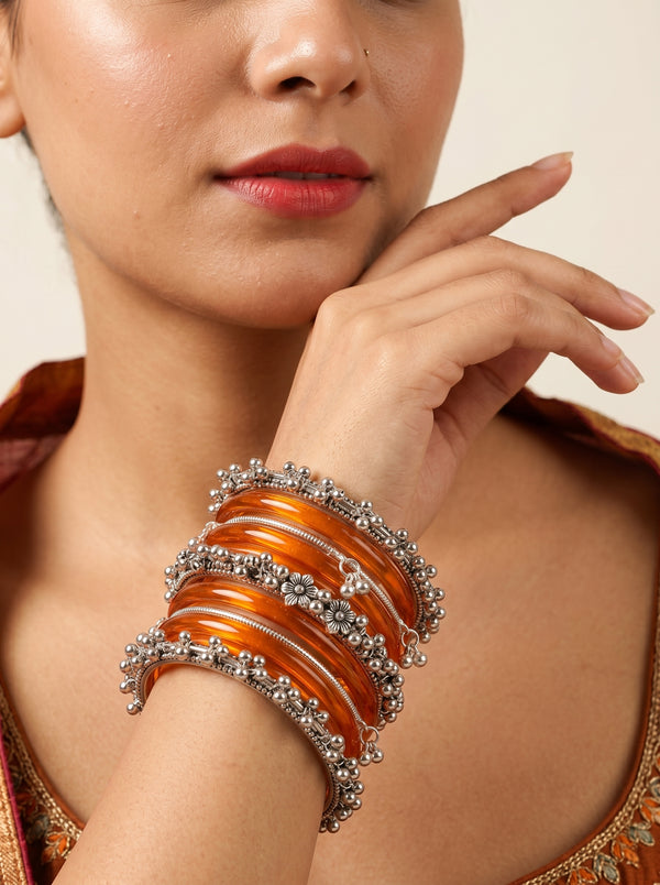 ORANGE JELLY BANGLES STACK — Silver Ghungroo Edition