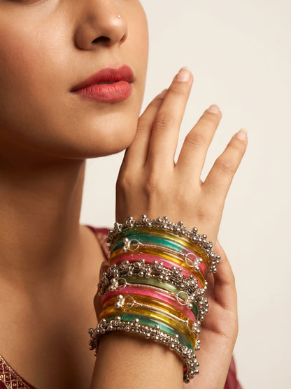 Multicolor Jelly Bangles Set with Oxidized Silver Charms for Women & Girls