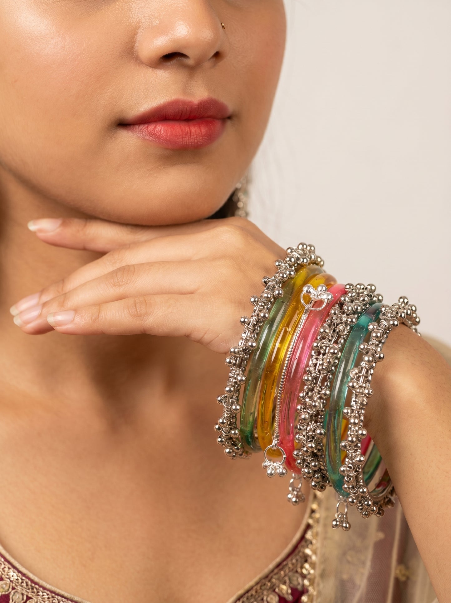 Multicolor Jelly Bangles Set with Oxidized Silver Charms for Women & Girls