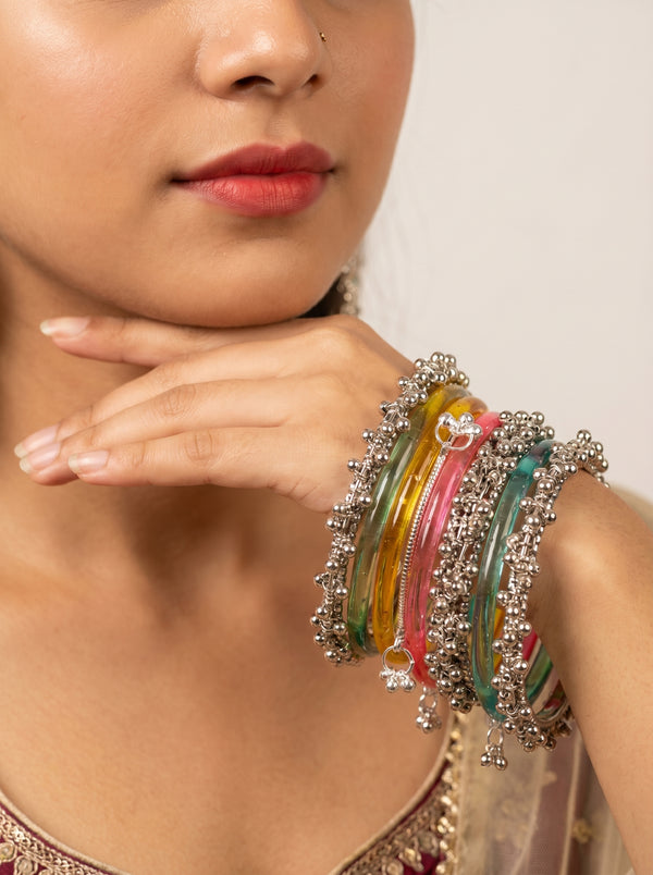 Multicolor Jelly Bangles Set with Oxidized Silver Charms for Women & Girls