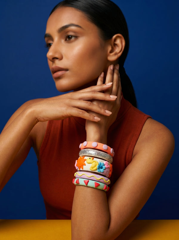 Sunshine Charm Clay Bangle Stack — Hand-Sculpted Statement Set