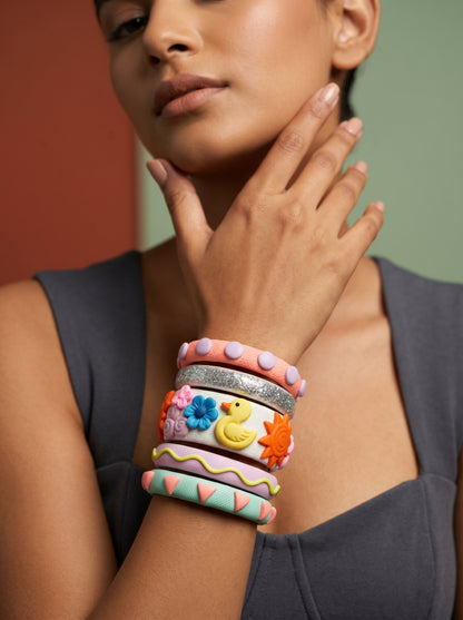Sunshine Charm Clay Bangle Stack — Hand-Sculpted Statement Set